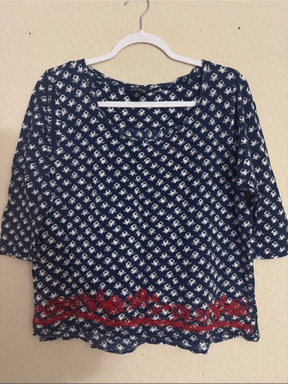 Navy Patterned V-Neck Blouse with Red Embroidered Hem - Picture 1 of 3